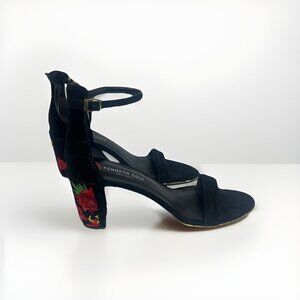 Kenneth Cole Lisa Black Suede Heels Sandals size 10 Embroidered Floral Chunky